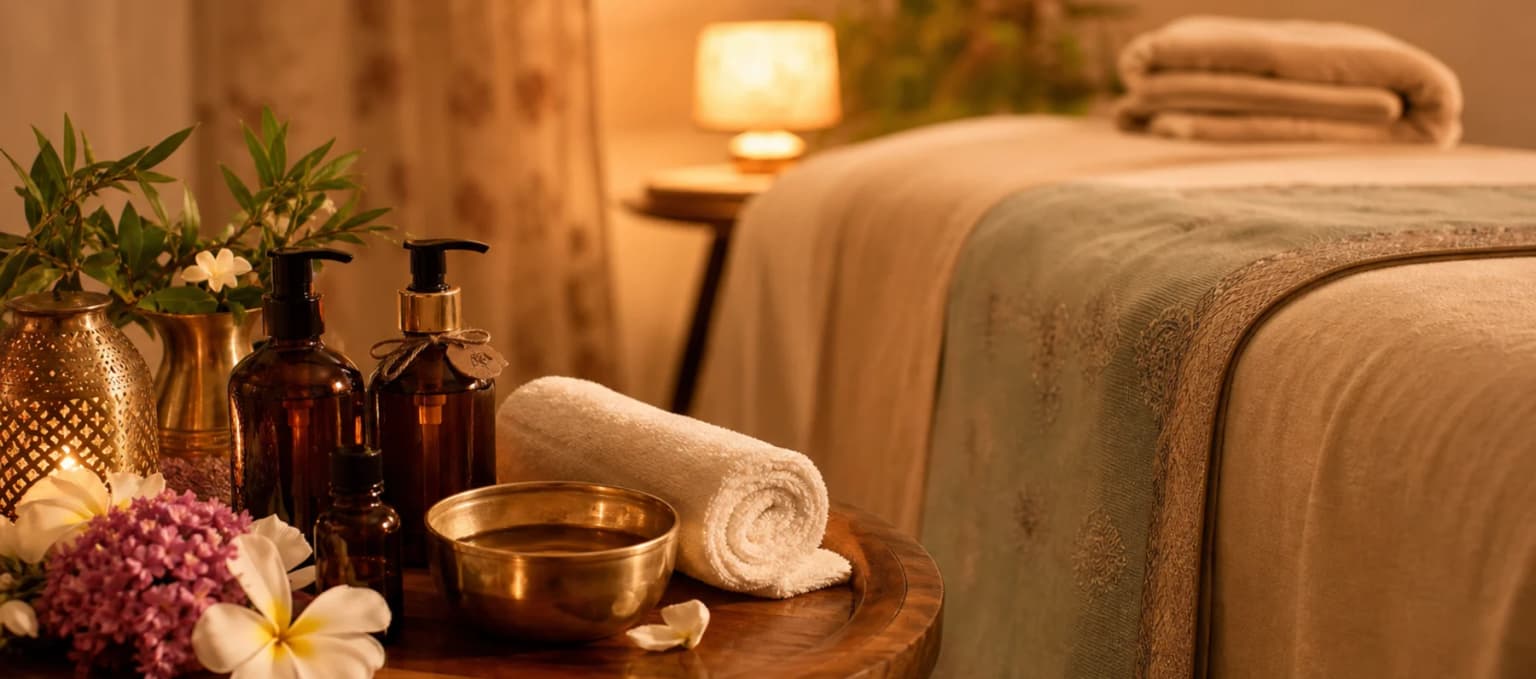 Warm home massage preparation with oils, towels, flowers, and soft lighting