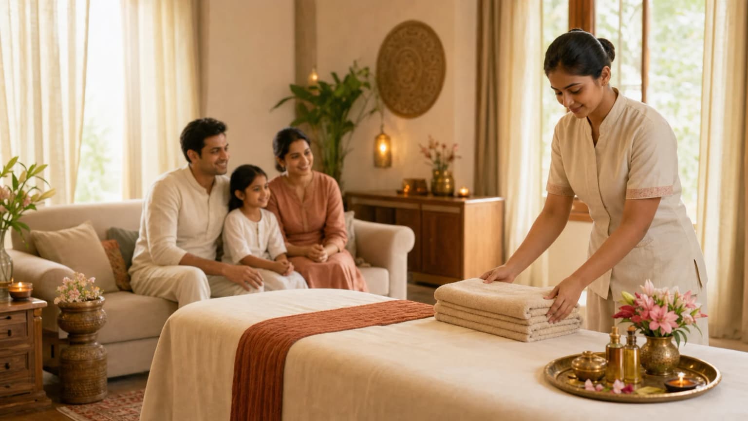 Warm home massage setup prepared for a family wellness appointment